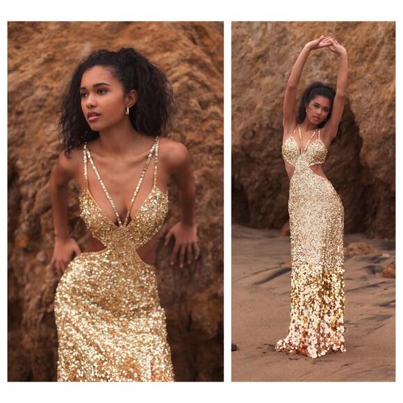 NWT Mac Duggal 6077 Gold Thin Strap Cut Out Gown With Ombre Sequins Size 8 - Picture 1 of 12